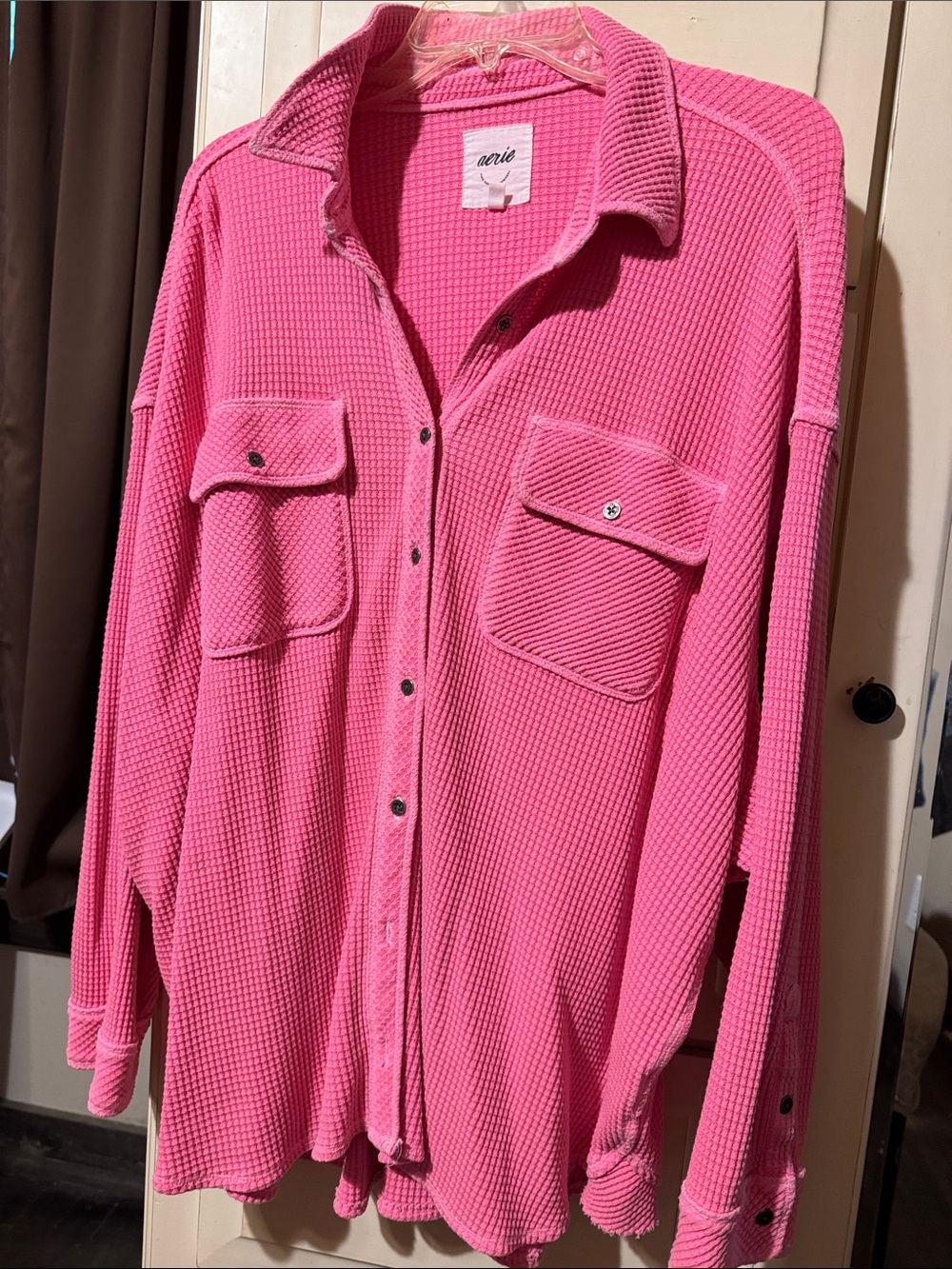aerie Pink Waffle-Knit Button-Down Shirt Jacket